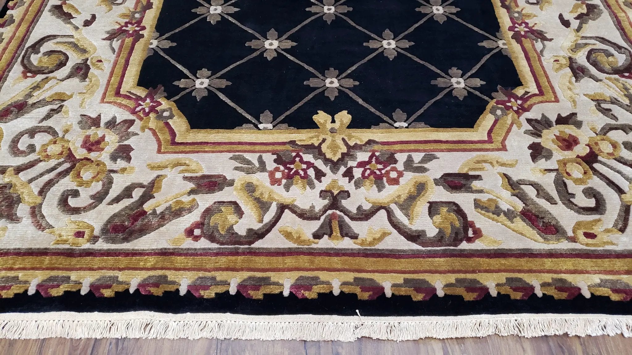 Nepal Rug 6x9, New Aubusson Nepalese Tibetan Carpet 6'1" x 8' 8", Hand-Knotted Wool, Unused, Black & Cream, Savonnerie Pattern, Soft Pile by Jewel Rugs