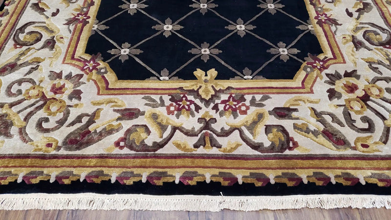 Nepal Rug 6x9, New Aubusson Nepalese Tibetan Carpet 6'1" x 8' 8", Hand-Knotted Wool, Unused, Black & Cream, Savonnerie Pattern, Soft Pile by Jewel Rugs