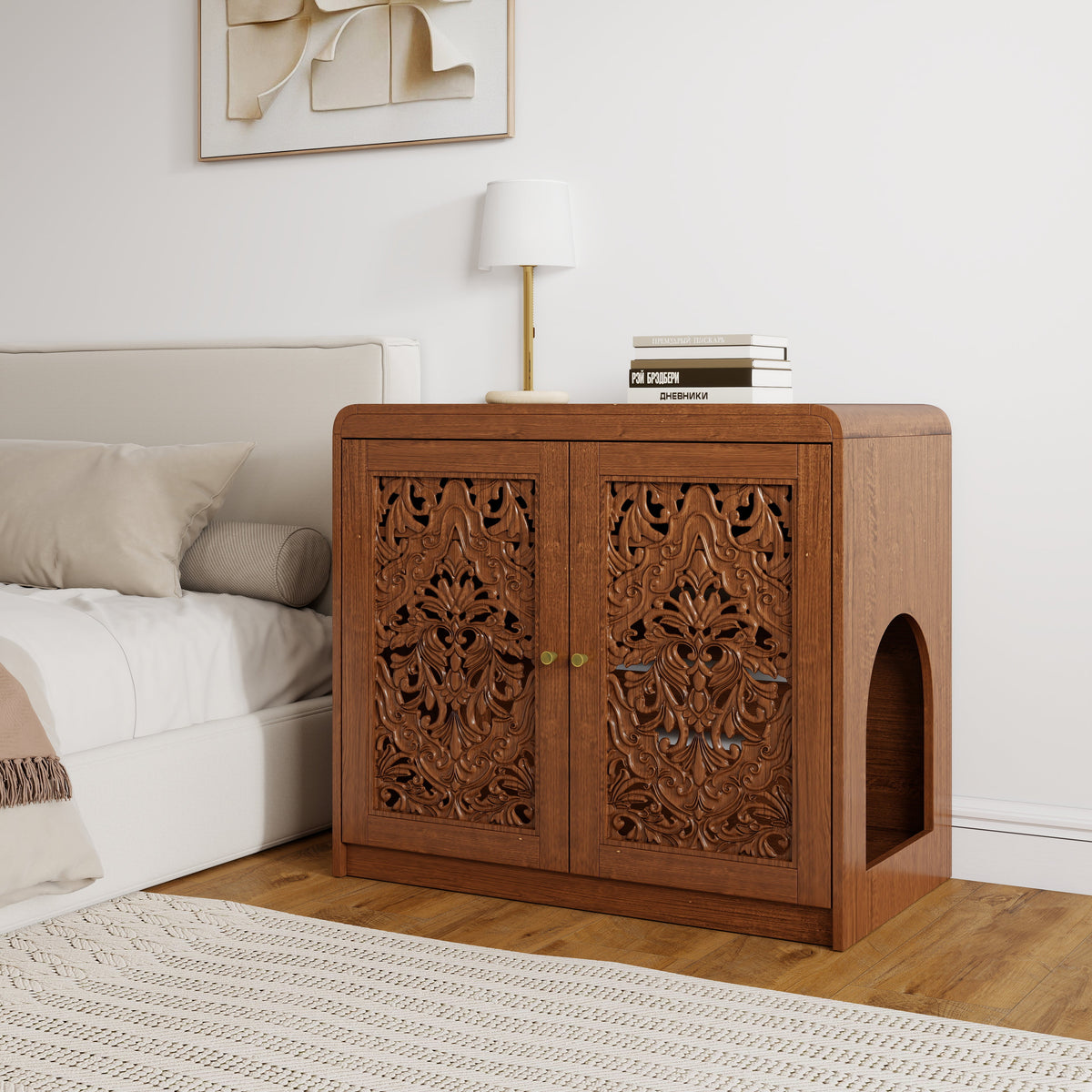 Walnut Cat Litter Box Enclosure Cabinet with Vent & Carved Doors - Walnut, photo 6 of 10