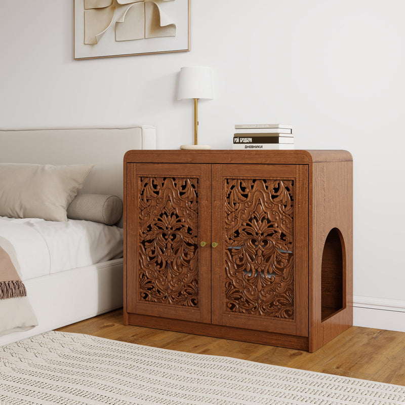 Walnut Cat Litter Box Enclosure Cabinet with Vent & Carved Doors - Walnut, photo 6 of 10