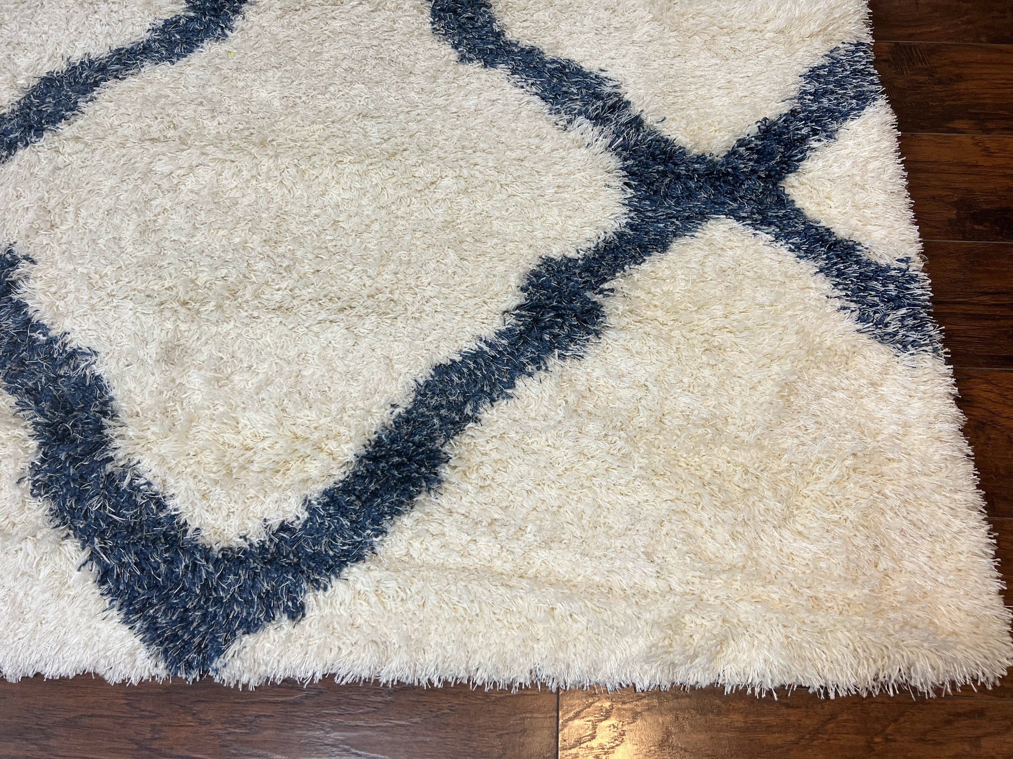 Modern Shag Rug 9x12, Ivory and Dark Blue, Diamond Pattern, Soft, Room Sized, Contemporary Rug, Plush by Jewel Rugs