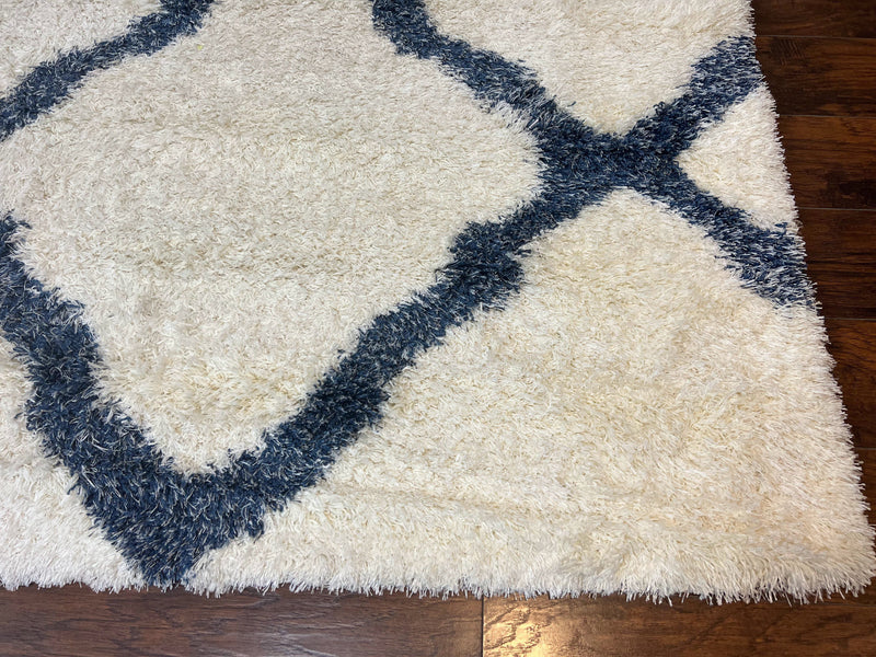 Modern Shag Rug 9x12, Ivory and Dark Blue, Diamond Pattern, Soft, Room Sized, Contemporary Rug, Plush by Jewel Rugs