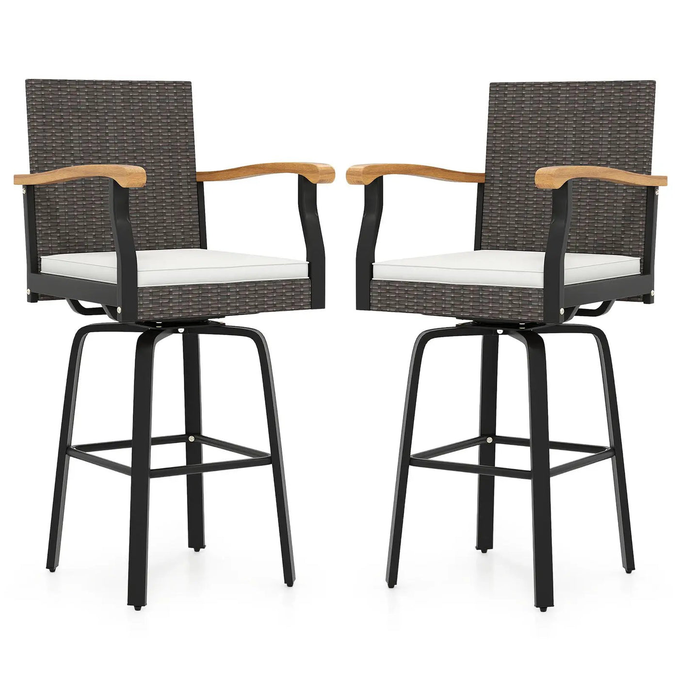 Set of 2 Outdoor 360¬∞ Swivel Bar Stool with Cushion and Acacia Wood Armrests by DirectDeals