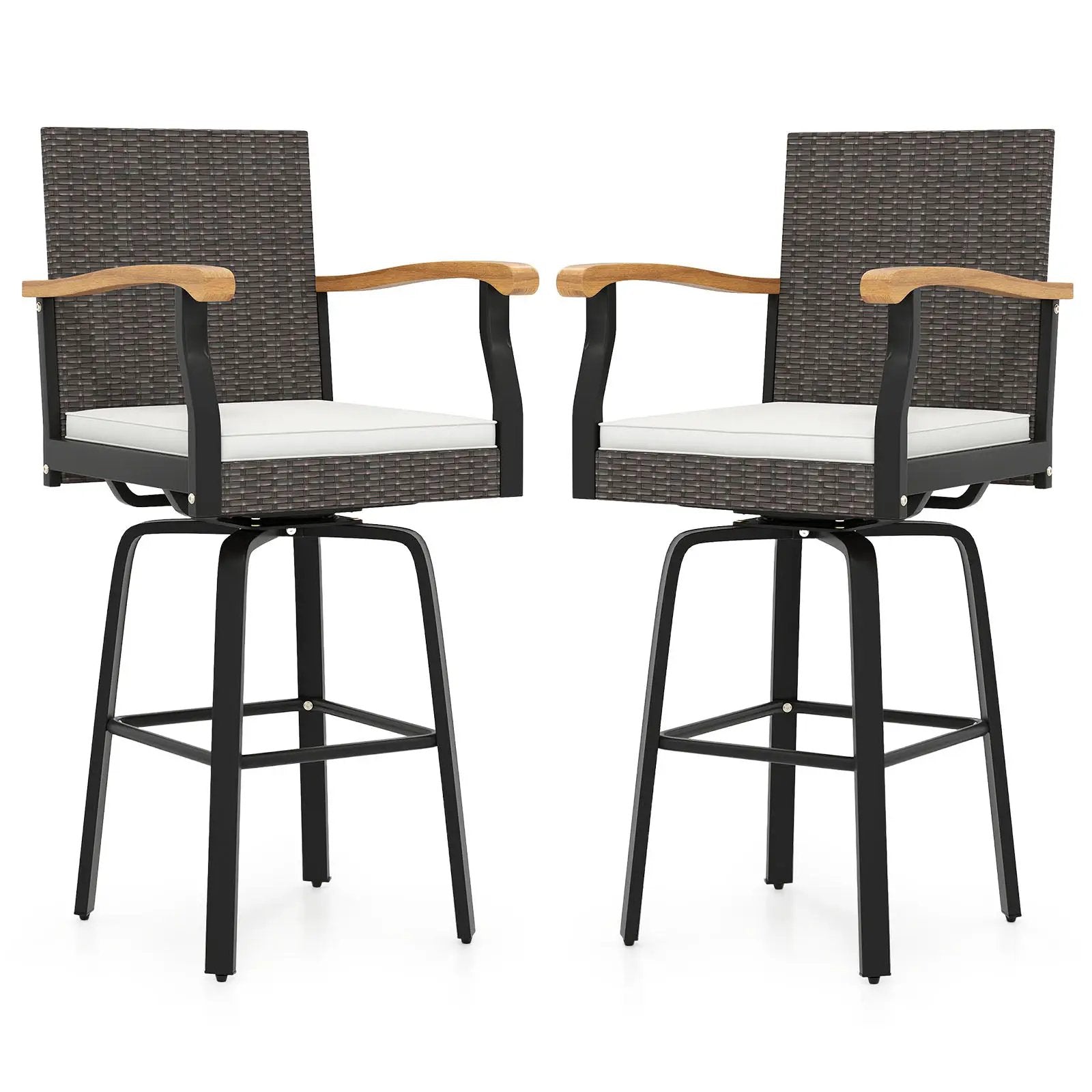Set of 2 Outdoor 360¬∞ Swivel Bar Stool with Cushion and Acacia Wood Armrests by DirectDeals