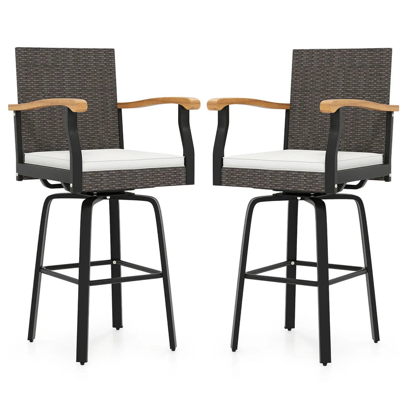 Set of 2 Outdoor 360¬∞ Swivel Bar Stool with Cushion and Acacia Wood Armrests by DirectDeals