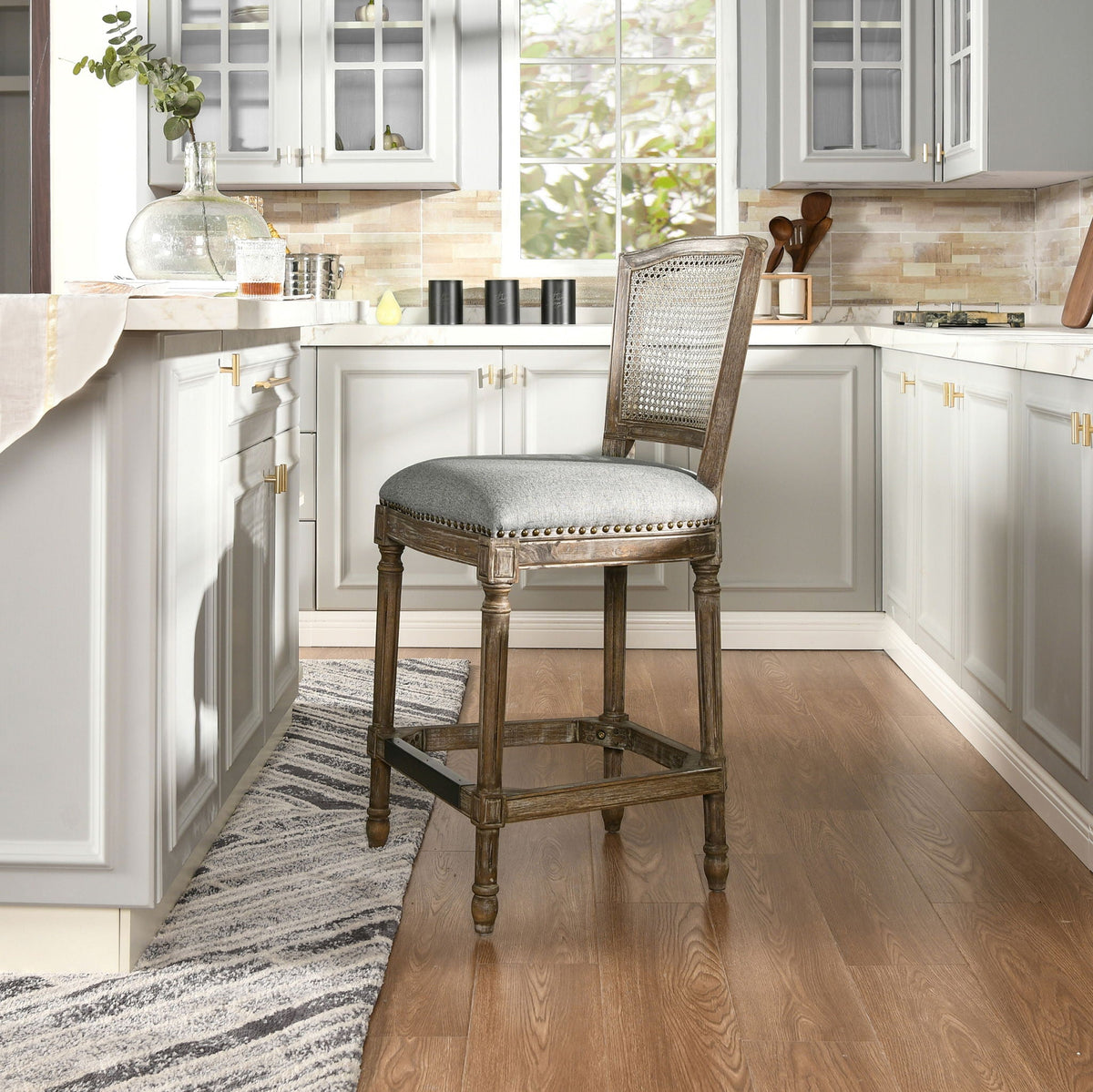Rattan Wicker High Back Counter Bar Stool with Oak Frame - Gray or Dark Brown, photo 2 of 30