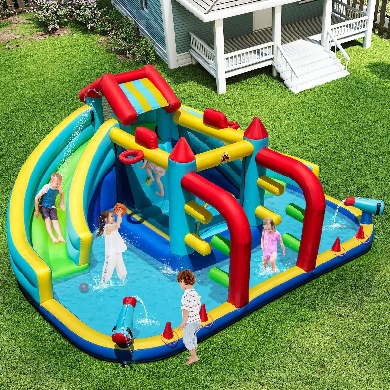 Inflatable Double Water Slide Park with Obstacle Course and Basketball Hoops by DirectDeals