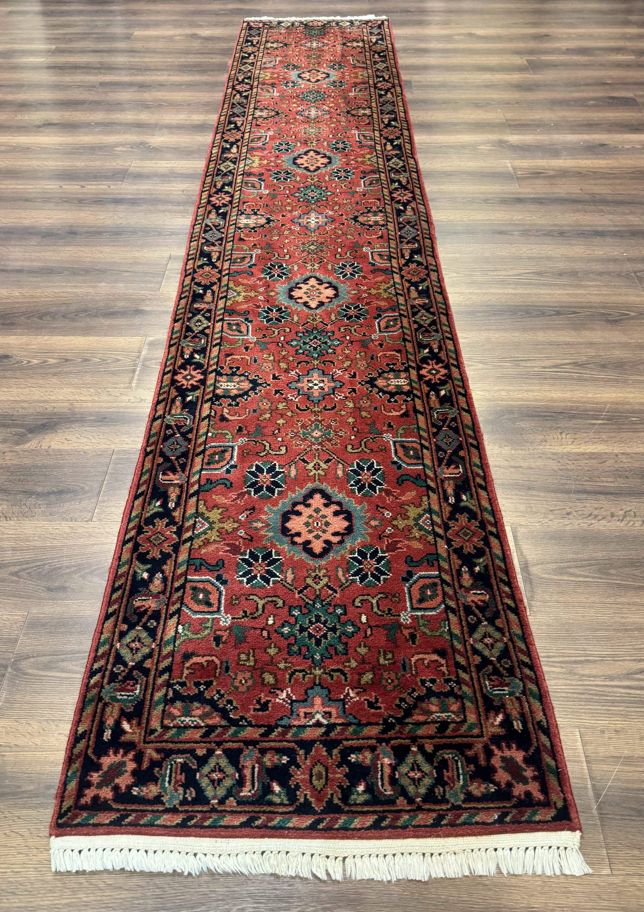 Indo Persian Heriz Runner Rug 2 x 12 ft, Hand Knotted Wool Hallway Rug, Red & Black by Jewel Rugs