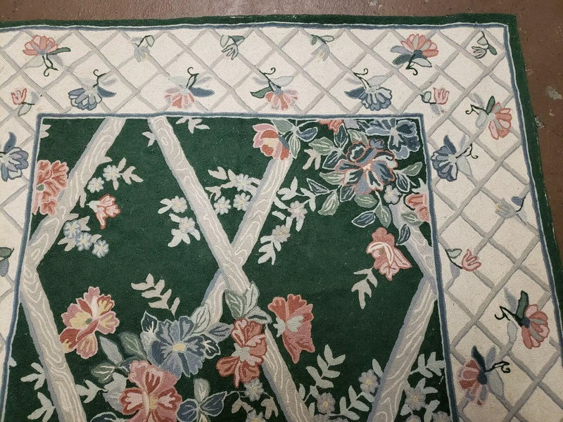 3' 6" X 5' 6" Hand Stitched Indian Wool Rug with Backing Green Beige by Jewel Rugs