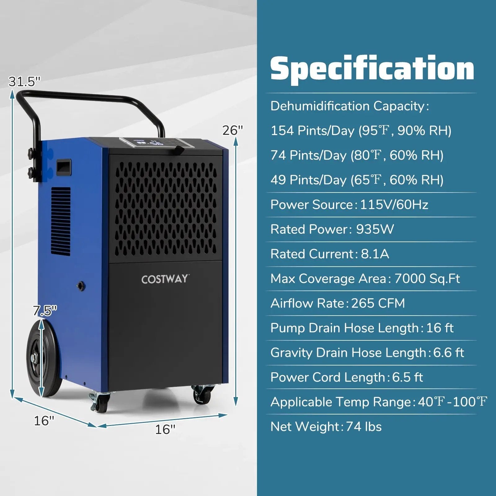 154 Pints Commercial Dehumidifier with Pump and Drain Hoses by DirectDeals