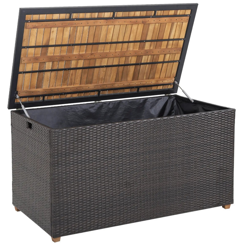 134 Gallon Rattan Storage Box with Zippered Liner and Solid Acacia Wood Top by DirectDeals