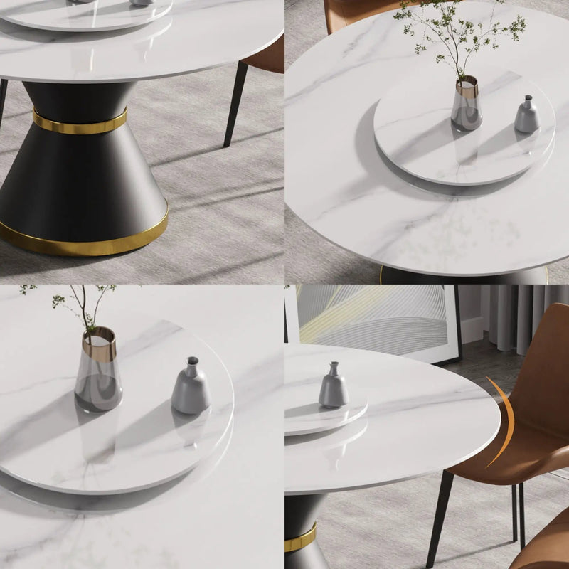 53" Modern Artificial Stone Round Carbon Steel Base Dining Table, Can Accommodate 6 People, Artificial Stone Turntable - White / Black by Unique Piece Furniture