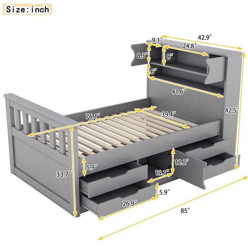 Captain Platform Bed Frame With Storage Bookcases, Shelves, And 4 Drawers