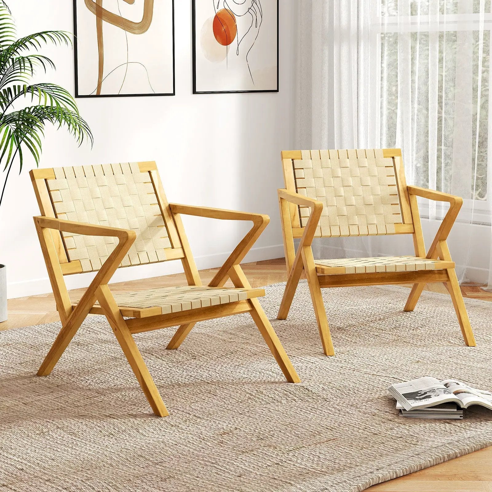 Outdoor and Indoor Teak Wood Patio Chair wuth Webbing Seat and Backrest-Natural by DirectDeals