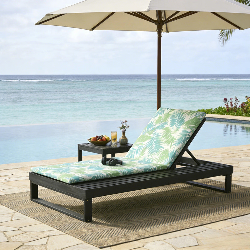 Black Acacia Wood Chaise Lounge with Leaf Coconut Cushion by HouseOfZazla