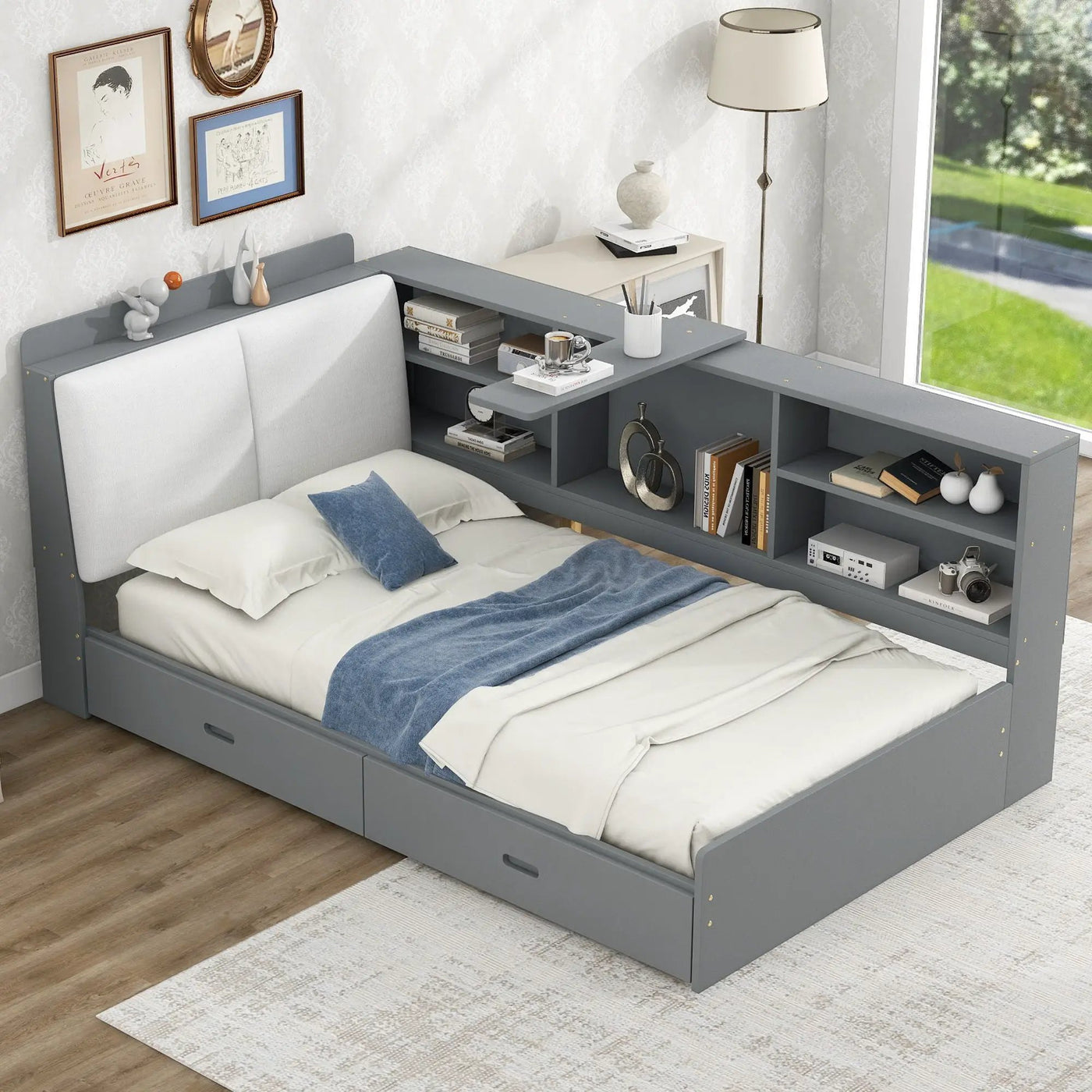 Platform Bed With Storage Headboard, Shelves And 2 Drawers by HouseOfZazla
