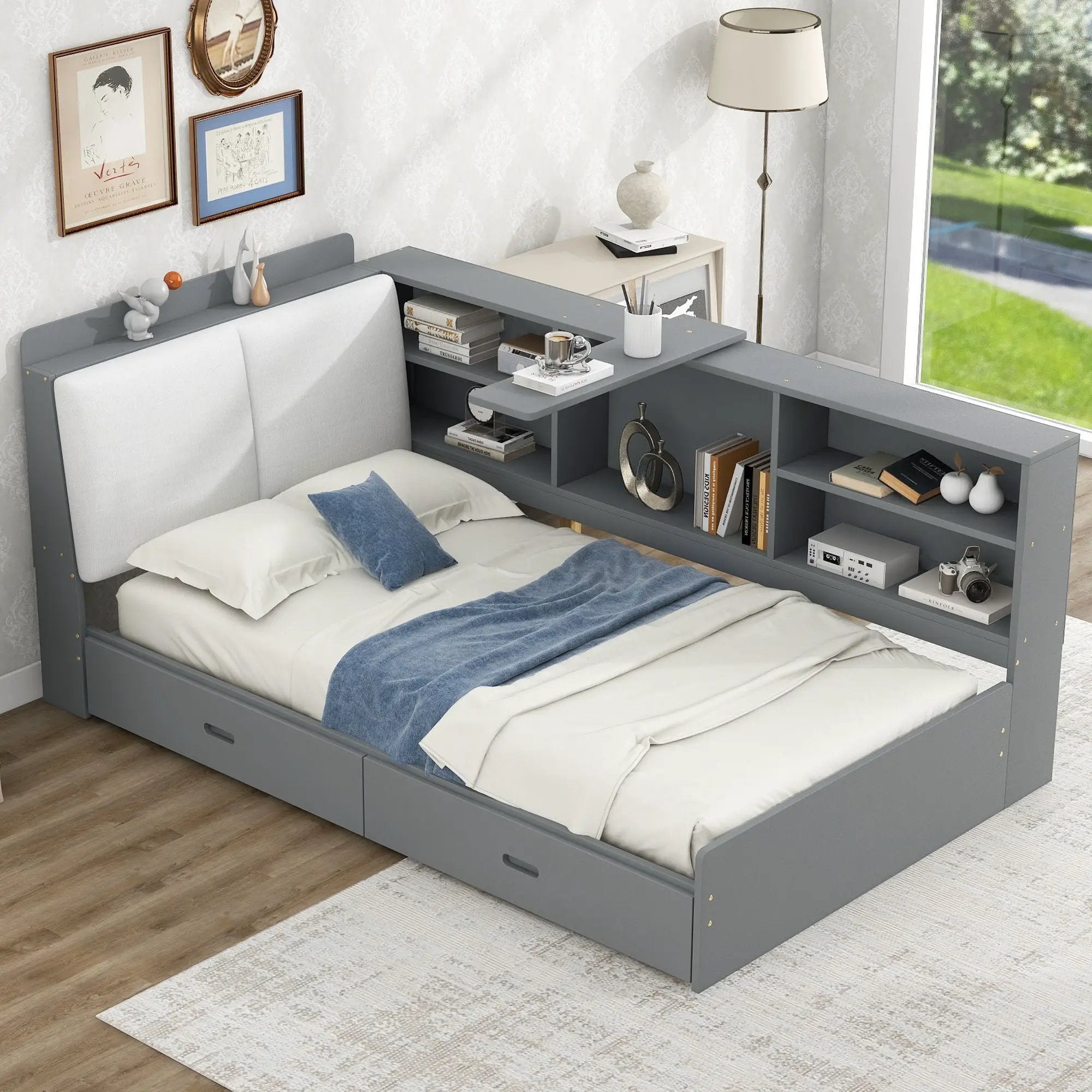 Platform Bed With Storage Headboard, Shelves And 2 Drawers by HouseOfZazla