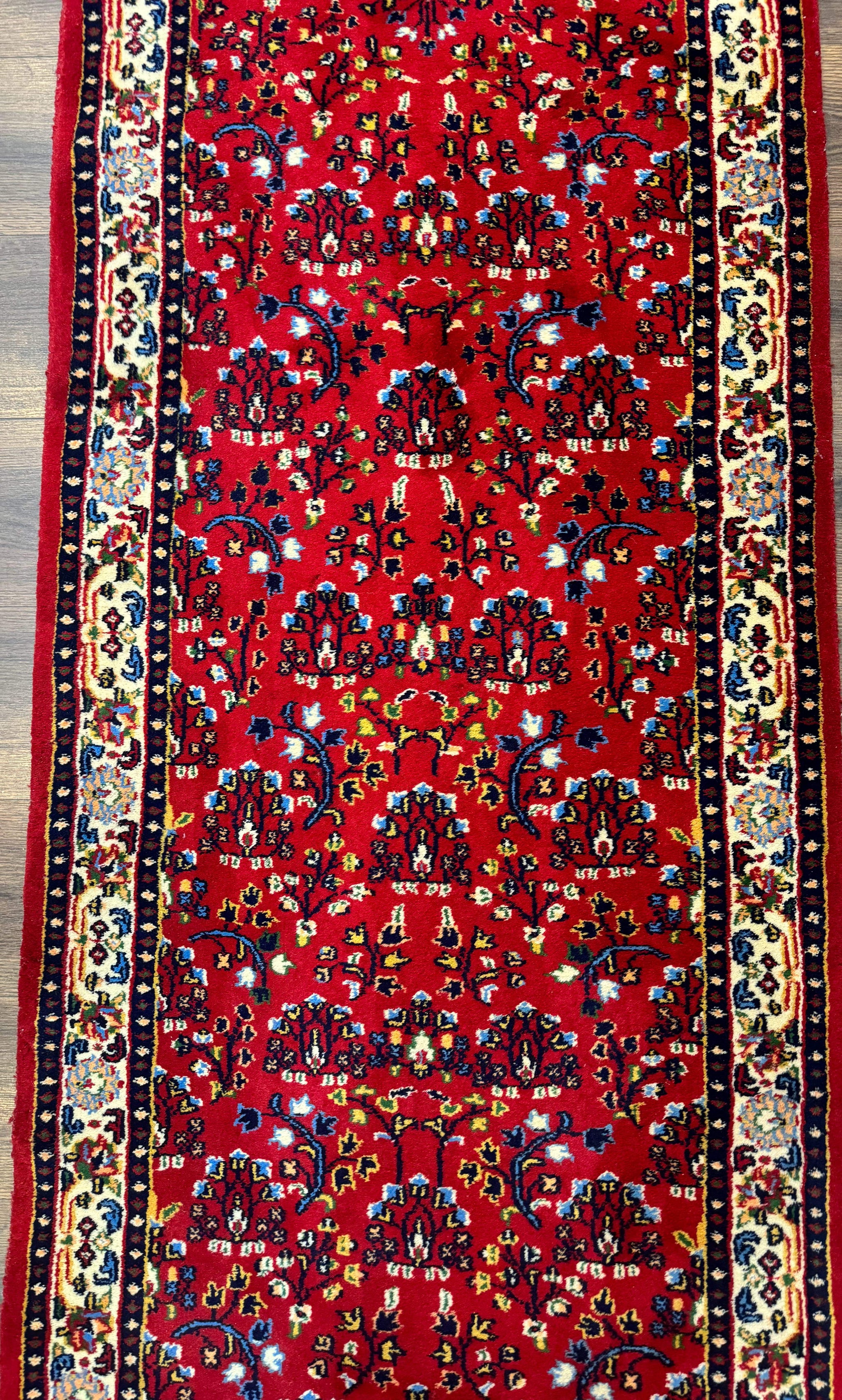 Indo Persian Sarouk Runner Rug 3 x 12, Red and Cream, Allover Pattern, 12ft Runner, Hand Knotted by Jewel Rugs