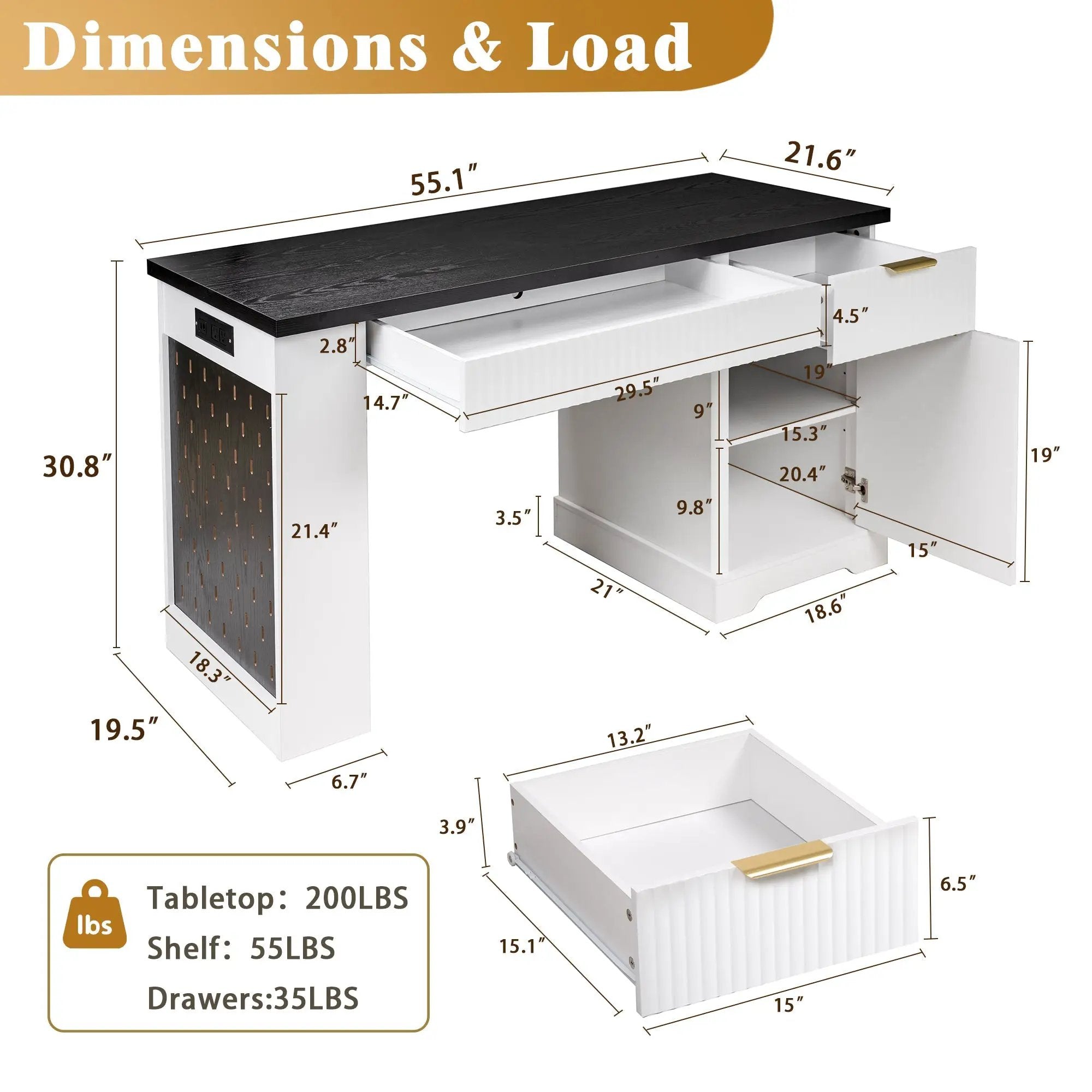 55" Modern Fluted Office Desk with Storage Cabinet & Drawers by HouseOfZazla