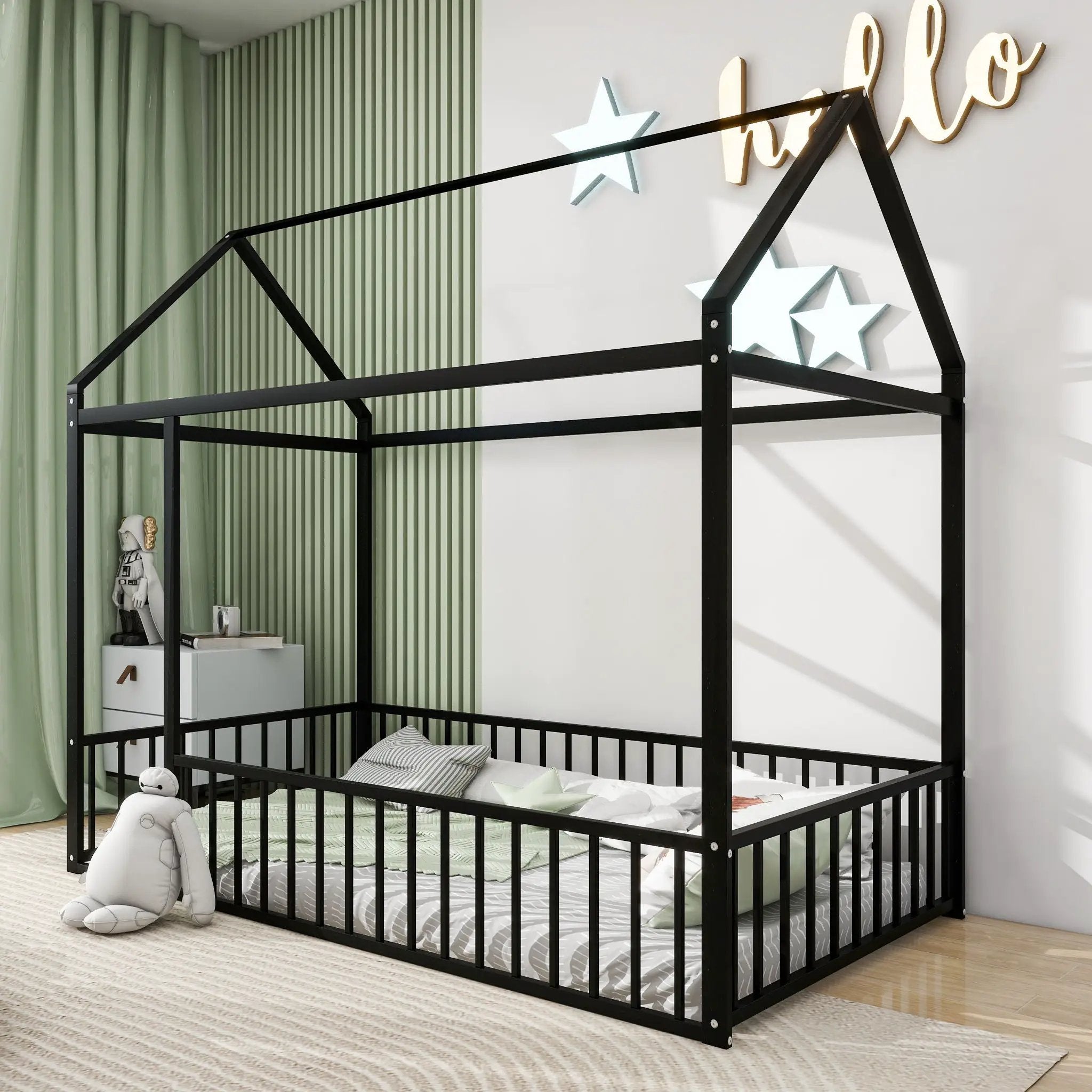 Metal Bed House Bed Frame With Fence by Unique Piece Furniture