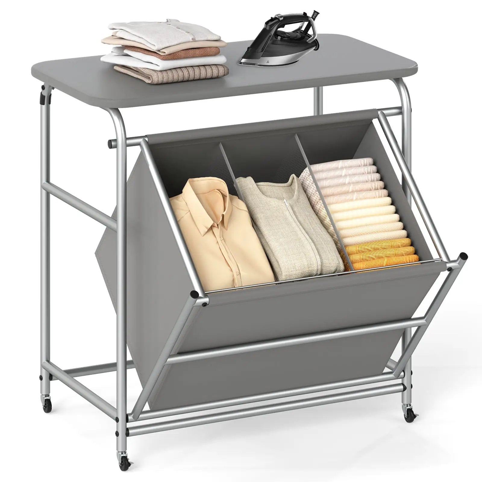 3-Section Laundry Sorter with Foldable Ironing Board and Lockable Wheels-Gray by DirectDeals