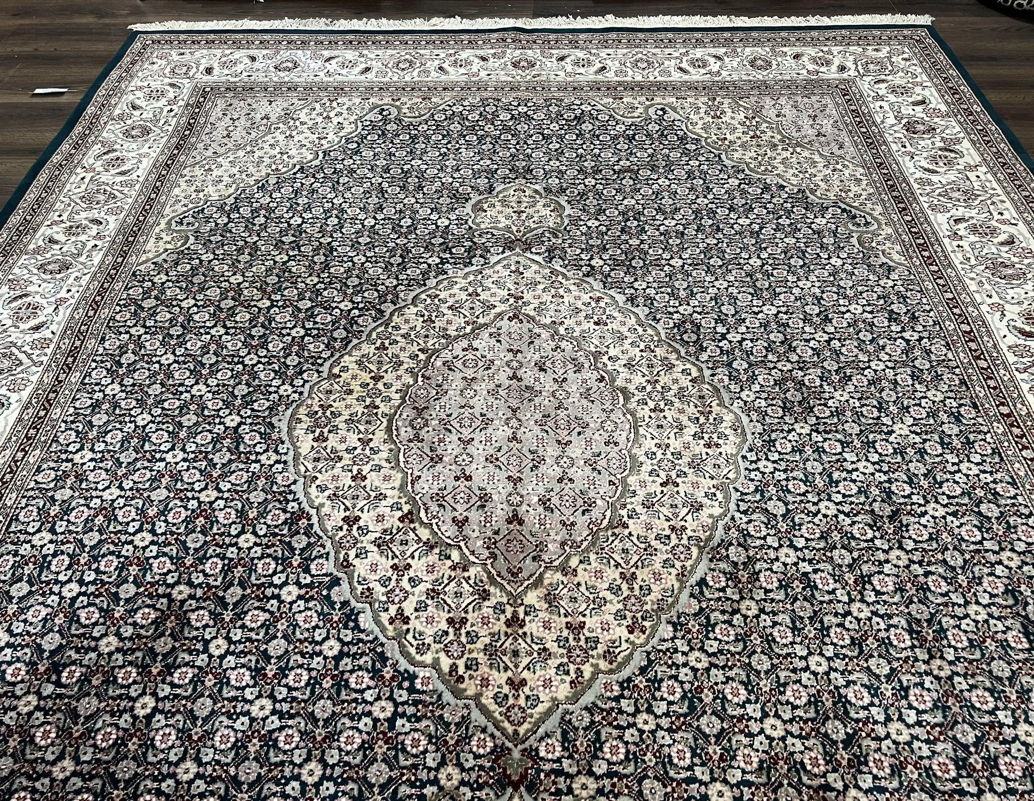 Sino Persian Rug 9x12, Dark Green and Ivory, Medallion, Mahi Herati, Elegant Oriental Carpet, Wool Hand Knotted Traditional Room Sized Rug by Jewel Rugs