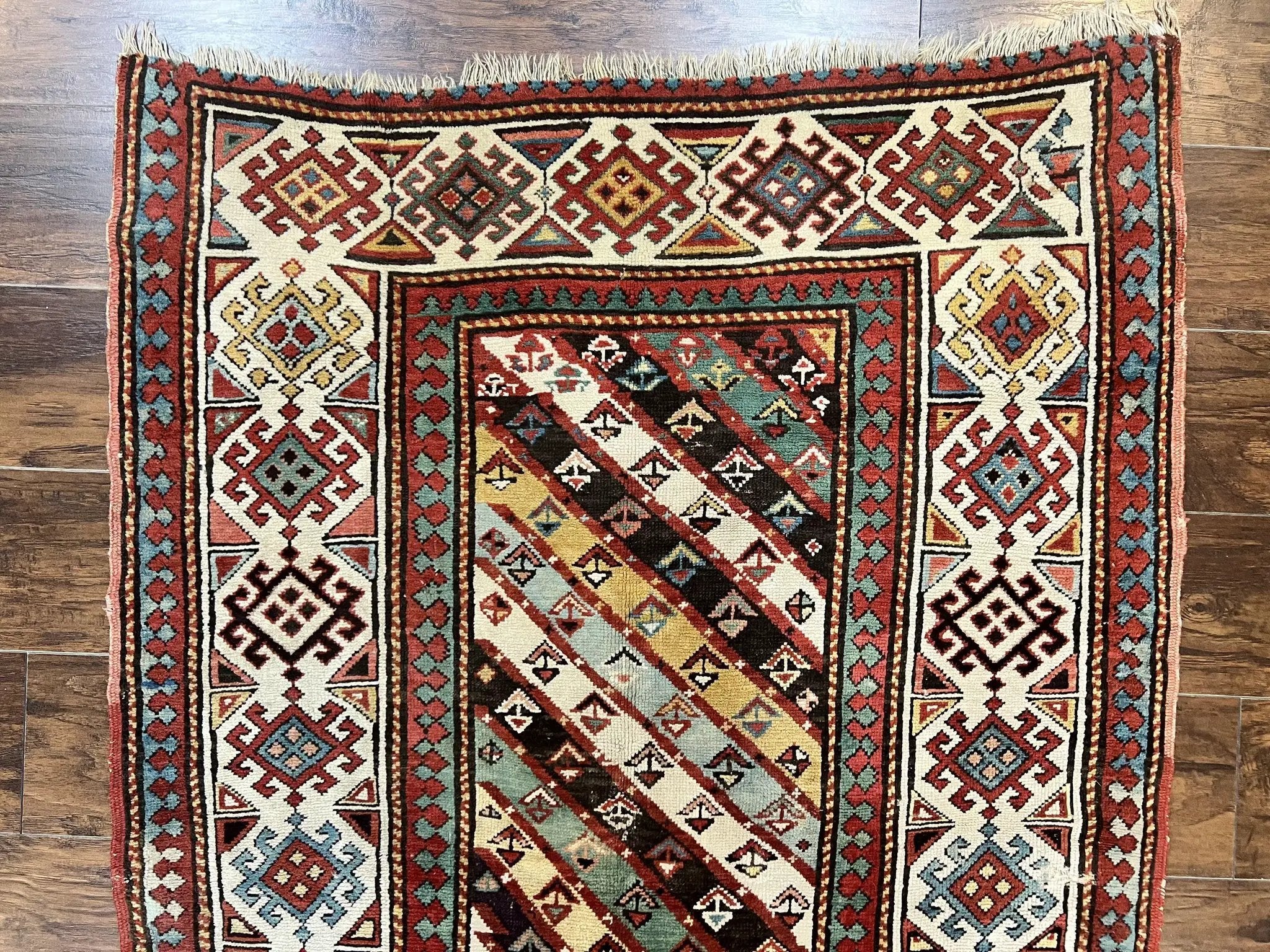 Caucasian Kazak Runner Rug 3.6 x 8, Wool Hand Knotted Antique 1880s Carpet, Ivory & Multicolor Stripes Oriental Runner Rug, Hallway Rug by Jewel Rugs
