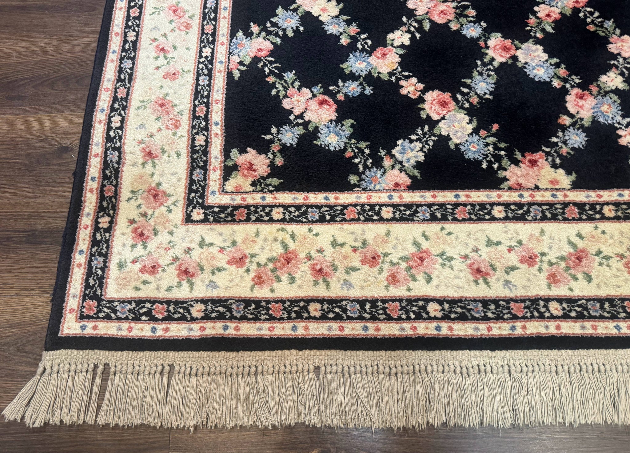 8.8 x 12 Karastan Garden of Eden Rug, Ebony Trellis #509/1270, Black, Floral, Wool Pile, Vintage, Discontinued by Jewel Rugs