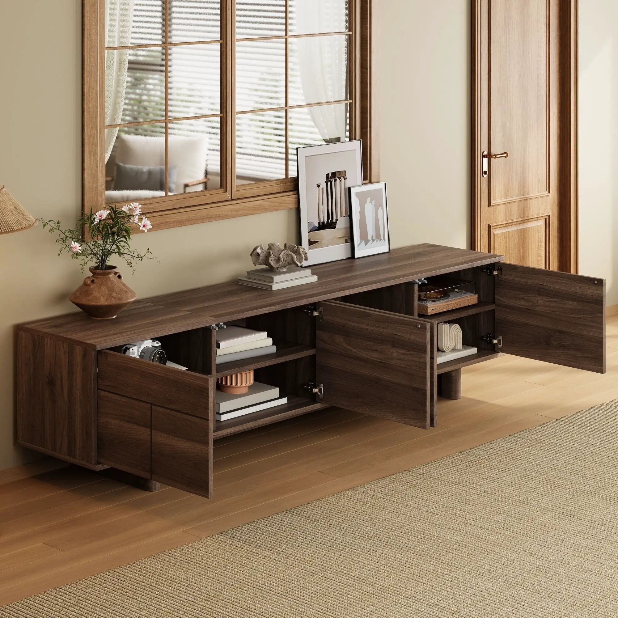 TV Stand For TVs Up To 85", Entertainment Center, Cable Management, Push Openers, Soft Closing Hinges & Adjustable Shelves - Dark Brown by HouseOfZazla