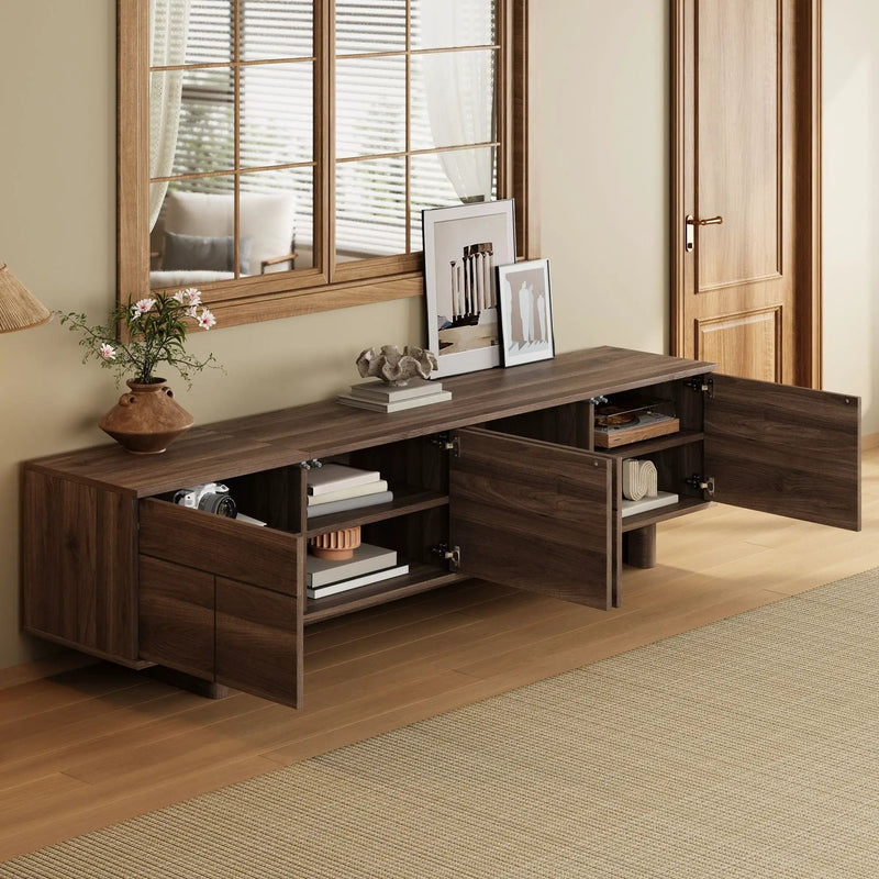 TV Stand For TVs Up To 85", Entertainment Center, Cable Management, Push Openers, Soft Closing Hinges & Adjustable Shelves - Dark Brown by HouseOfZazla