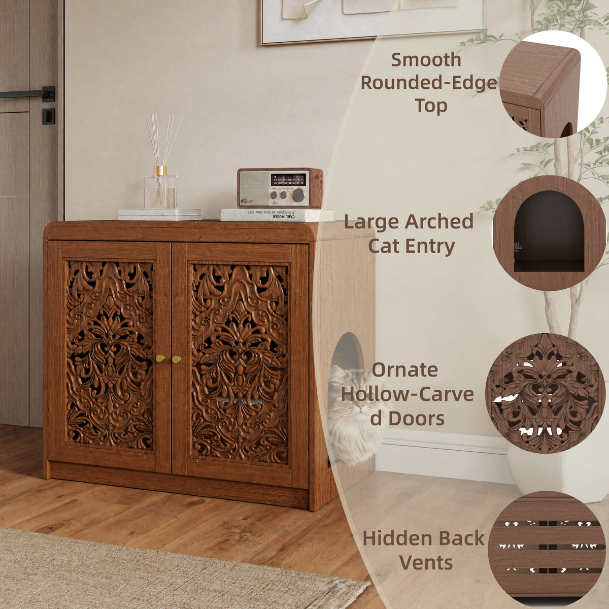 Walnut Cat Litter Box Enclosure Cabinet with Vent & Carved Doors - Walnut, photo 7 of 10