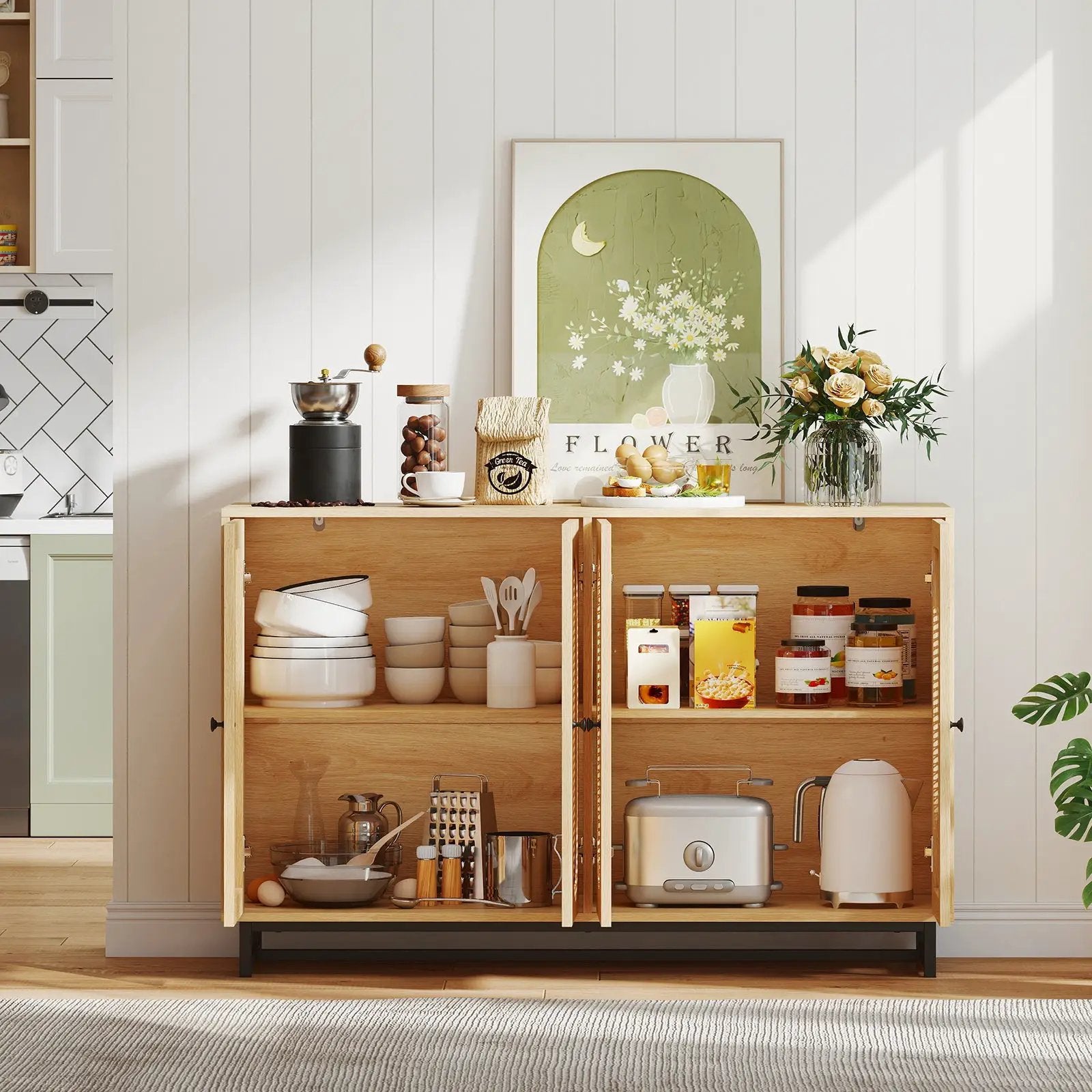 50 Inch Buffet Sideboard Cabinet with 4 Rattan Doors and Adjustable Shelves-Natural by DirectDeals