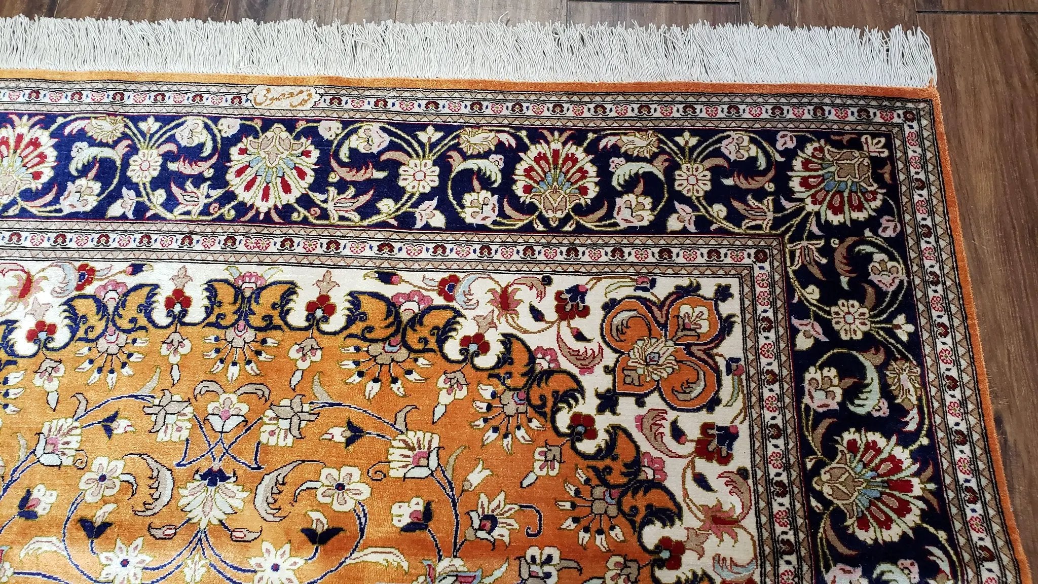 Vintage Persian Qum Silk Rug 4.6 x 6.7, Burnt Orange and Navy Blue, Antique Oriental Very Fine Signature Master Weaver 350+ KPSI Ghom Qom 5x7 Rug by Jewel Rugs