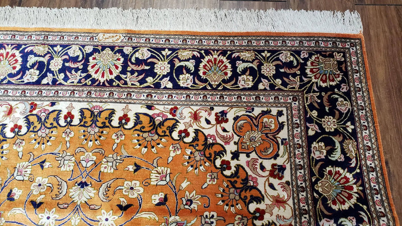 Vintage Persian Qum Silk Rug 4.6 x 6.7, Burnt Orange and Navy Blue, Antique Oriental Very Fine Signature Master Weaver 350+ KPSI Ghom Qom 5x7 Rug by Jewel Rugs
