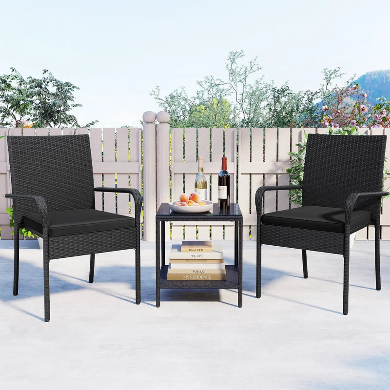 3 Piece Patio Furniture Set with Seat Cushions and Tempered Glass Tabletop by DirectDeals
