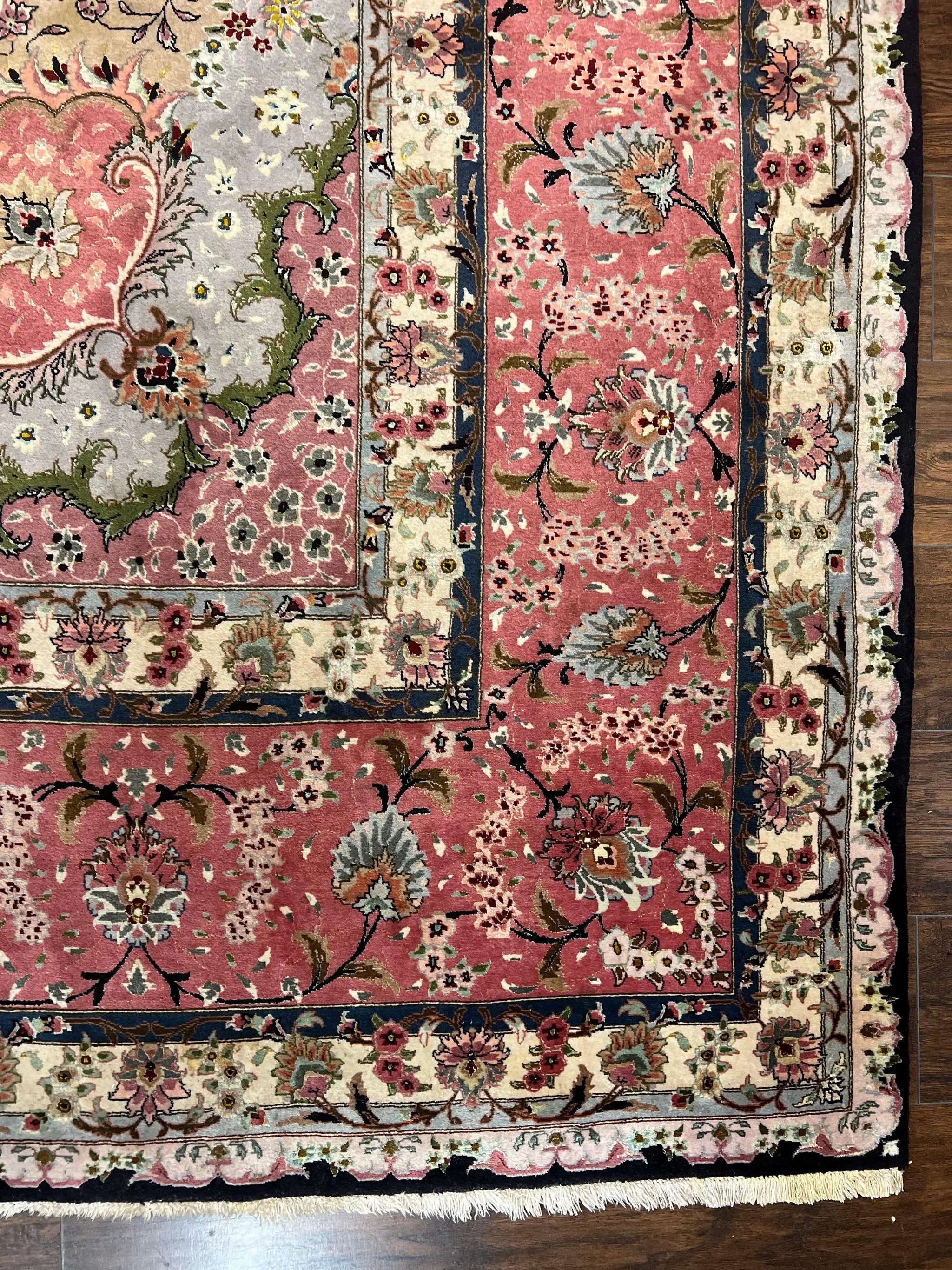 Magnificent Persian Tabriz Rug 11x16, Oversized Persian Carpet 11 x 16 ft, Wool on Silk Finely Hand Knotted, 450 KPSI, Floral Medallion, Black Pink by Jewel Rugs