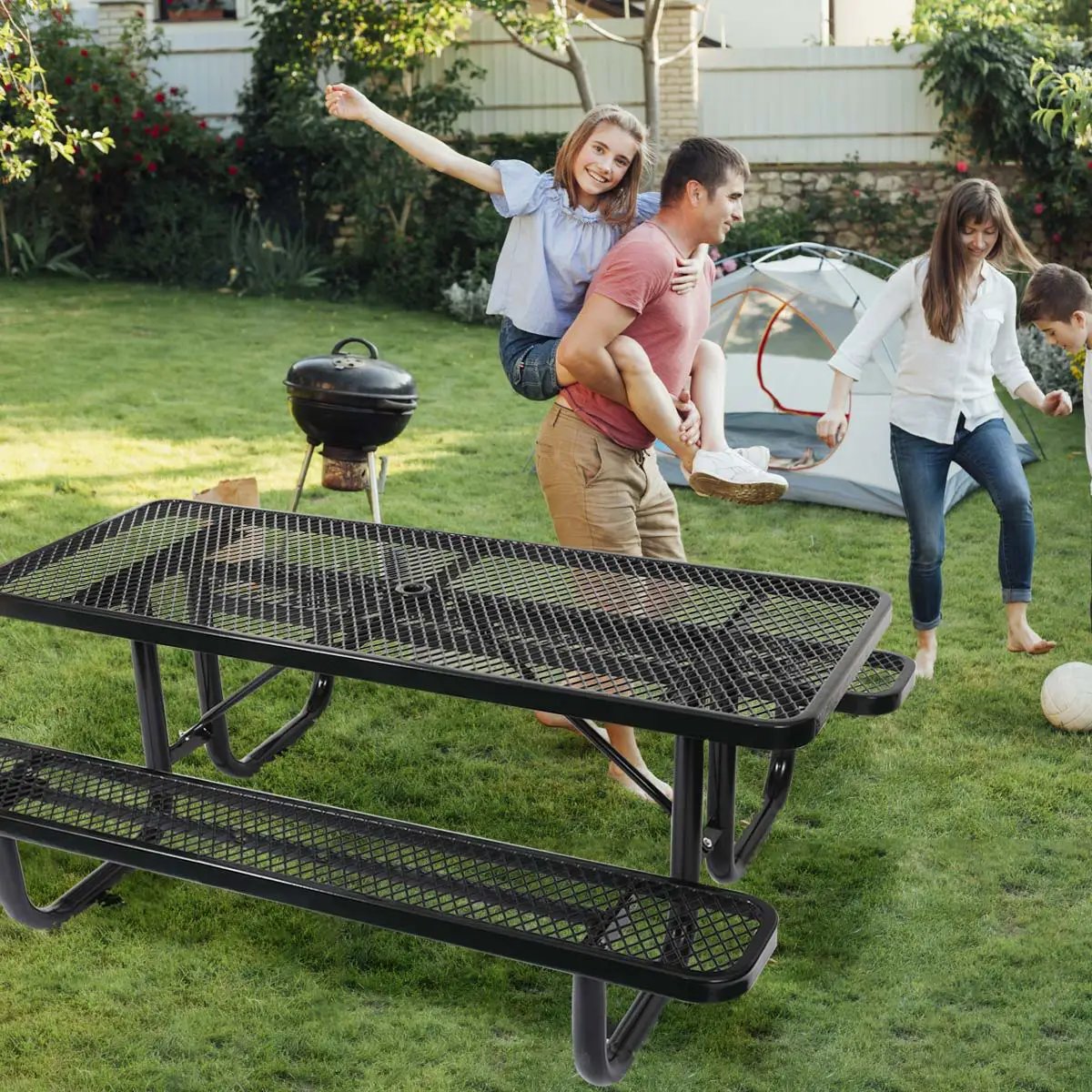 Outdoor Steel Picnic Rectangular Table With Umbrella Pole by HouseOfZazla