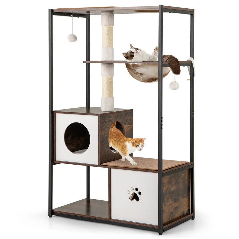 52 Inch Tall Wooden Cat Tree Metal Frame with 2 Condos and Cushions-Coffee by DirectDeals