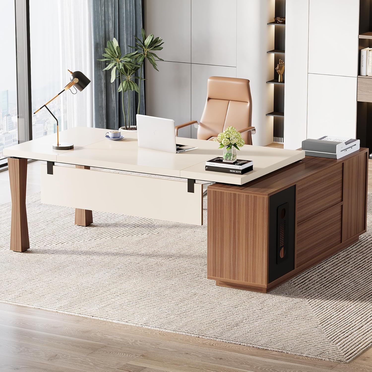 L-Shaped Executive Desk With Storage Cabinet, Home Office Workstation With Shelves - White / Walnut by HouseOfZazla