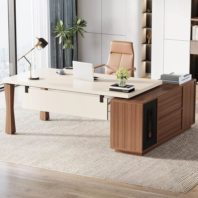 L-Shaped Executive Desk With Storage Cabinet, Home Office Workstation With Shelves - White / Walnut by HouseOfZazla