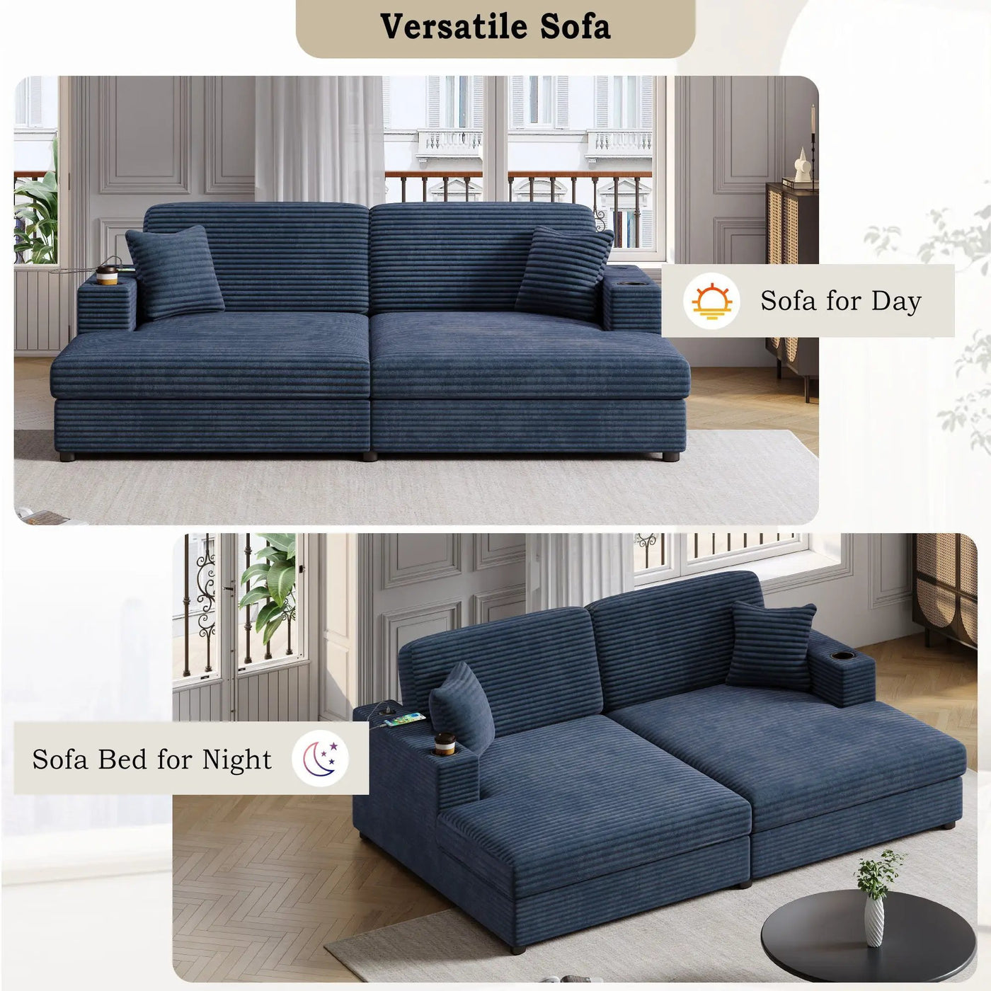 Oversized Loveseat Chaise With 2 USB Ports, 2 Cup Holders And 2 Throw Pillows by Unique Piece Furniture
