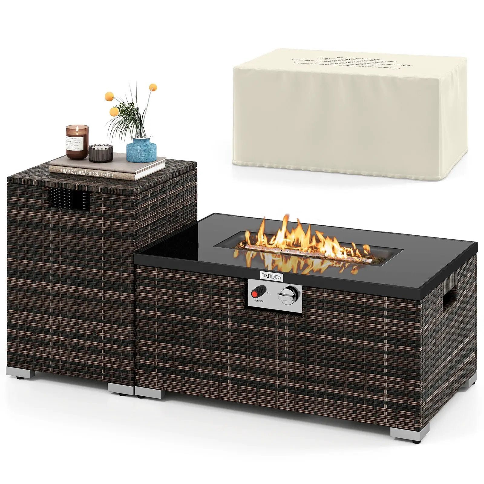 2-Piece Outdoor Rattan Fire Table Set 32 Inch Rectangle Gas Firepit with Tank Cover by DirectDeals