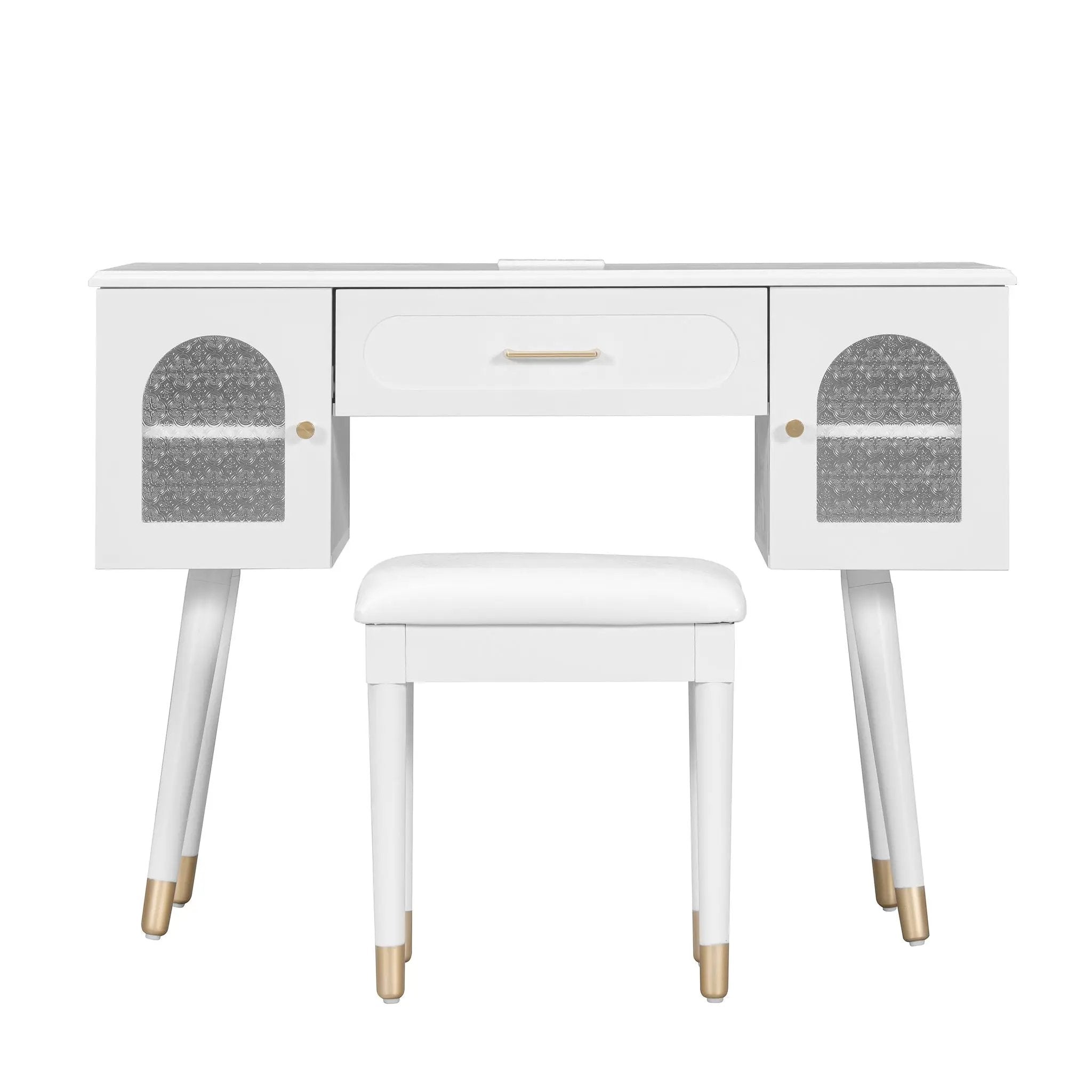 Elegant Vanity Makeup Table & Chair Set Modern Dressing Table With Organizer Writing Desk Charging Port Engineered Wood - White by Unique Piece Furniture