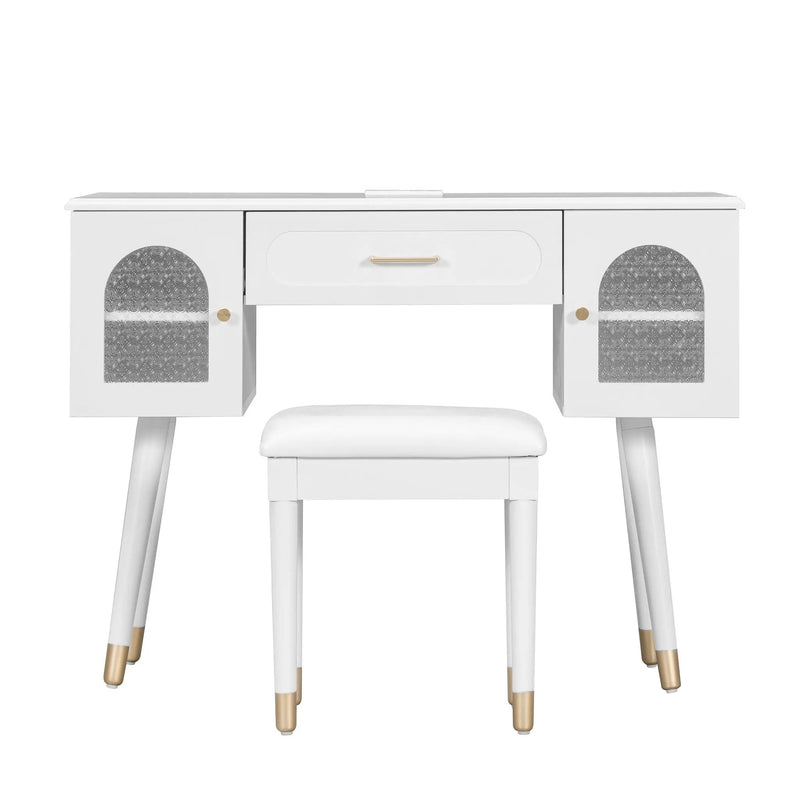 Elegant Vanity Makeup Table & Chair Set Modern Dressing Table With Organizer Writing Desk Charging Port Engineered Wood - White by HouseOfZazla