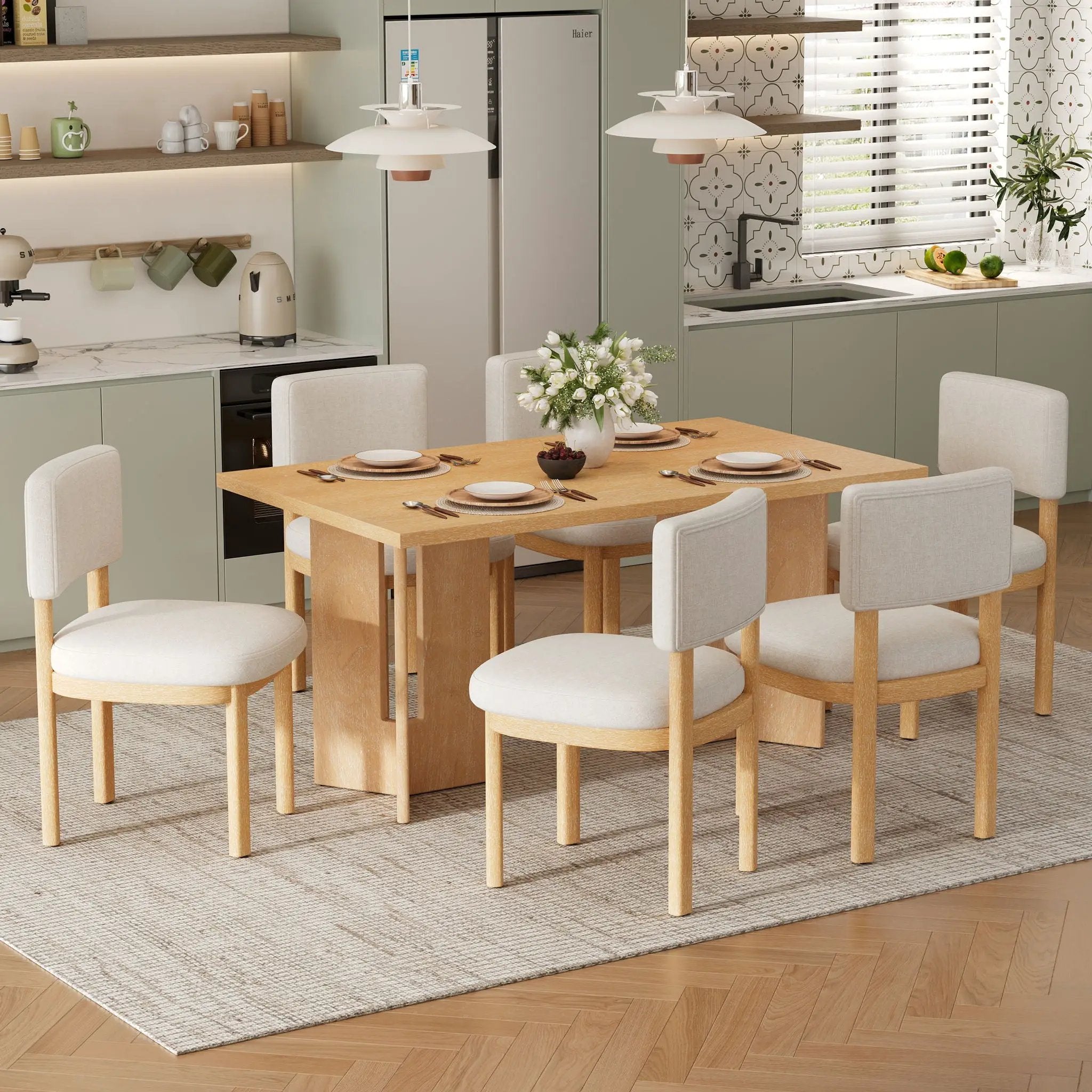 Dining Table Set With 6 Upholstered Chairs, Rectangular Table With Cutout Legs by HouseOfZazla