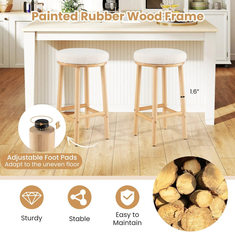 27" Bar Stools Set of 2 Upholstered Barstools with Boucle Fabric Seats-White by DirectDeals