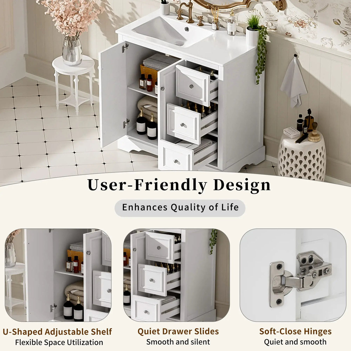 Bathroom Vanity With Sink, Soft-Close Doors, Adjustable U-Shelf, 3 Drawers by HouseOfZazla
