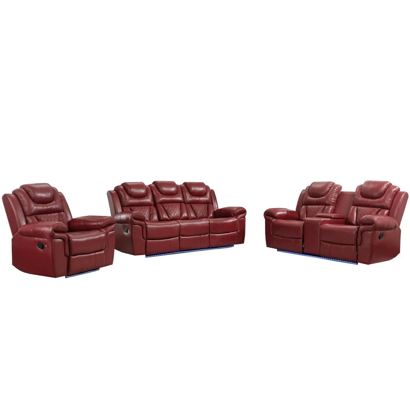 Home Theater Seating Manual Recliner Chair With Center Console And LED Light Strip For Living Room - Red by Unique Piece Furniture