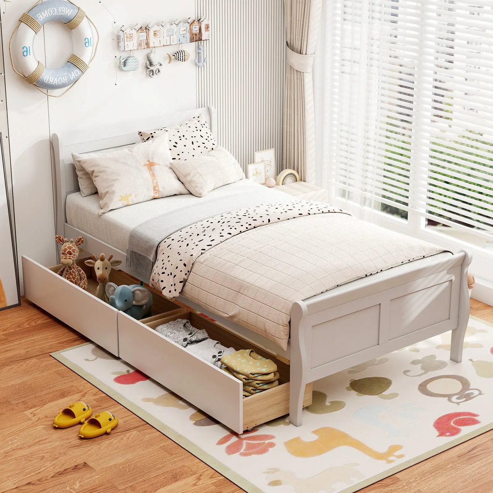 Twin Size Sleigh Bed with 2 Storage Drawers Wood Platform Bed Frame by DirectDeals