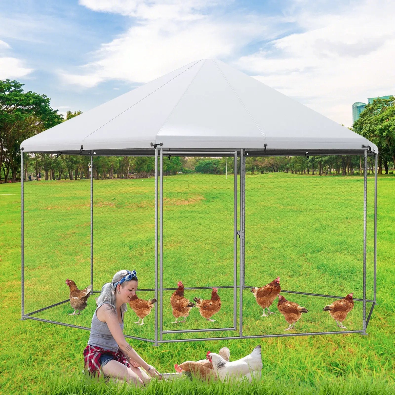 13FT Large Metal Hexagonal Chicken Coop with Wire Mesh and Lockable Door by DirectDeals